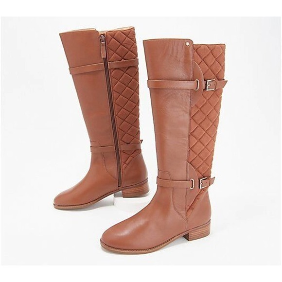 Isaac Mizrahi Live Womens Riding Boots Cognac Calf Quilted Leather Sz 11
